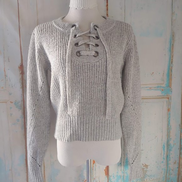 Kendall & Kylie long sleeve crew neck grommet tie detailed knit sweater/M/gray - Picture 6 of 9